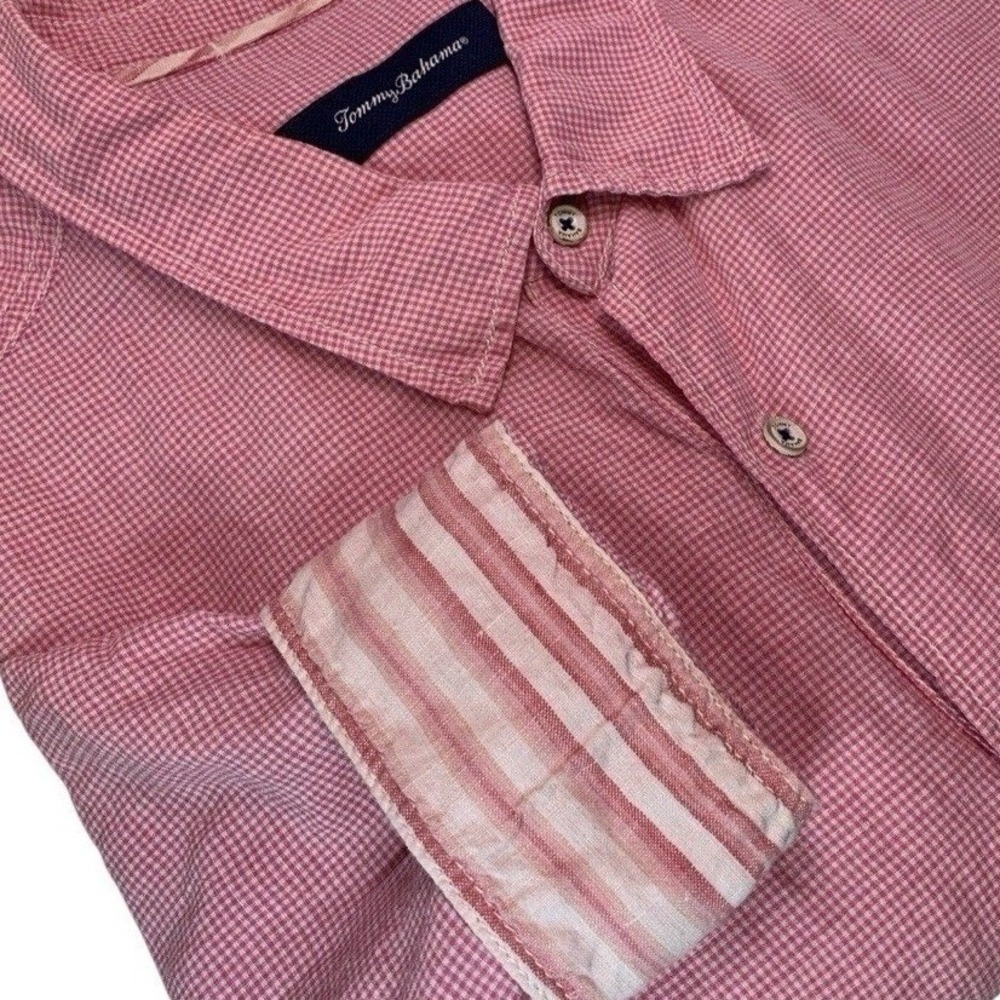 Tommy Bahama Linen Blend Shirt 2XT Button Up Long Sleeve Pink Gingham Camp Beach